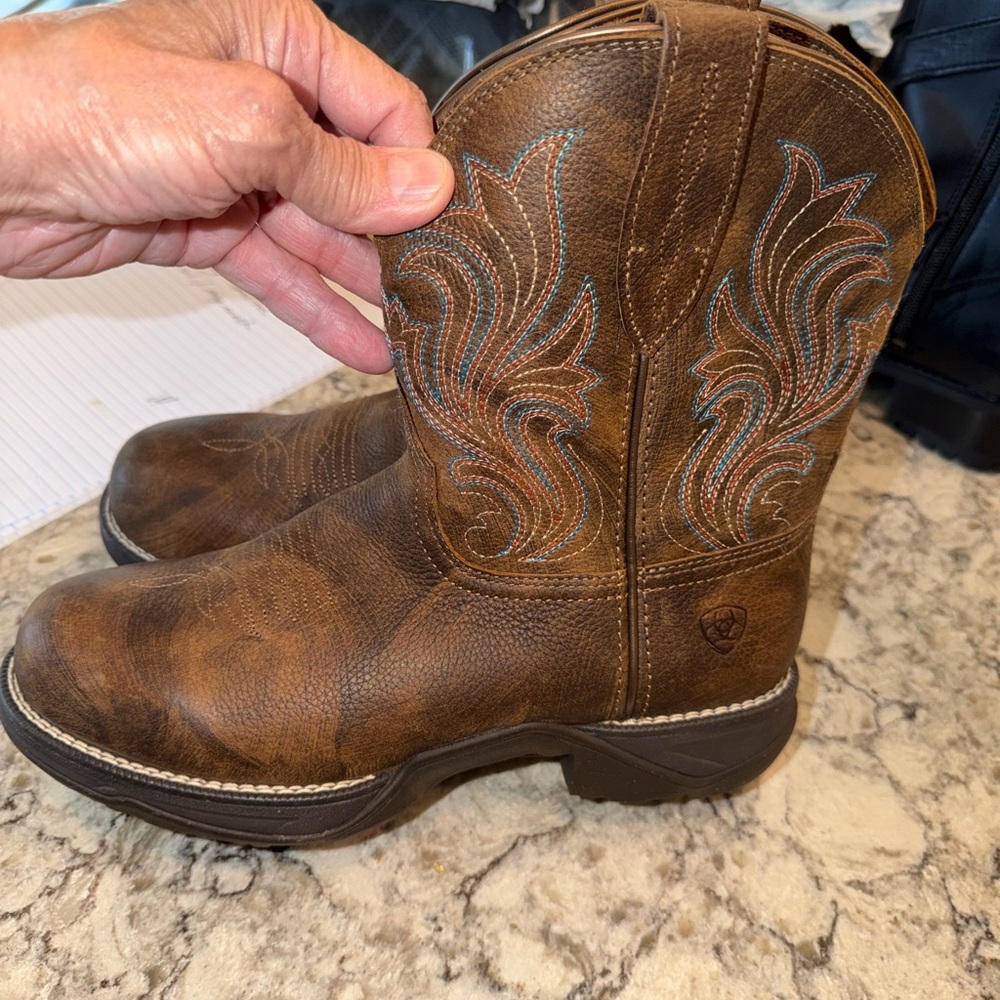 Ariat Brown Leather Work Boots with Turquoise and Tan Stitching